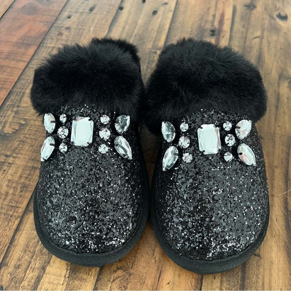 MICHAEL KORS Taj Slipper Embellished Glitter and Faux Fur Slide Sandal Size 6.